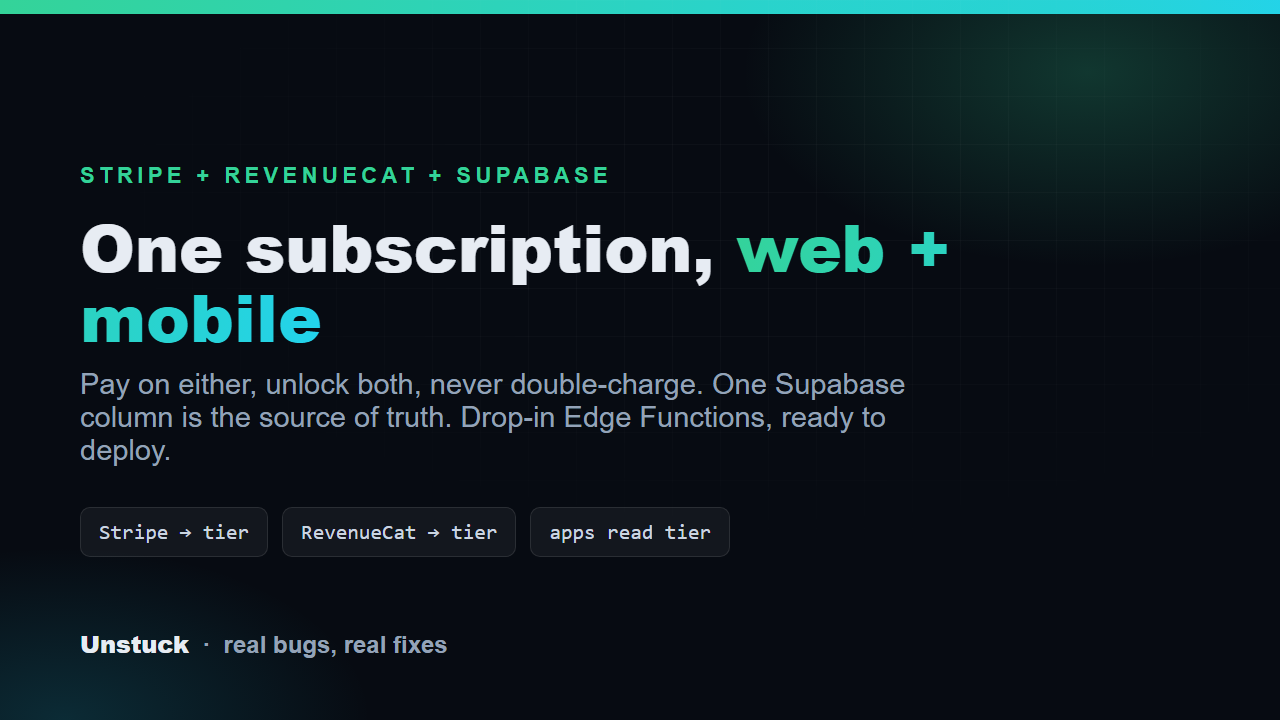 One Subscription: Web + Mobile (Stripe + RevenueCat + Supabase)